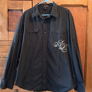 Artful Dodger Eagle Embroidered Western Button Down Black Cotton Shirt 3X